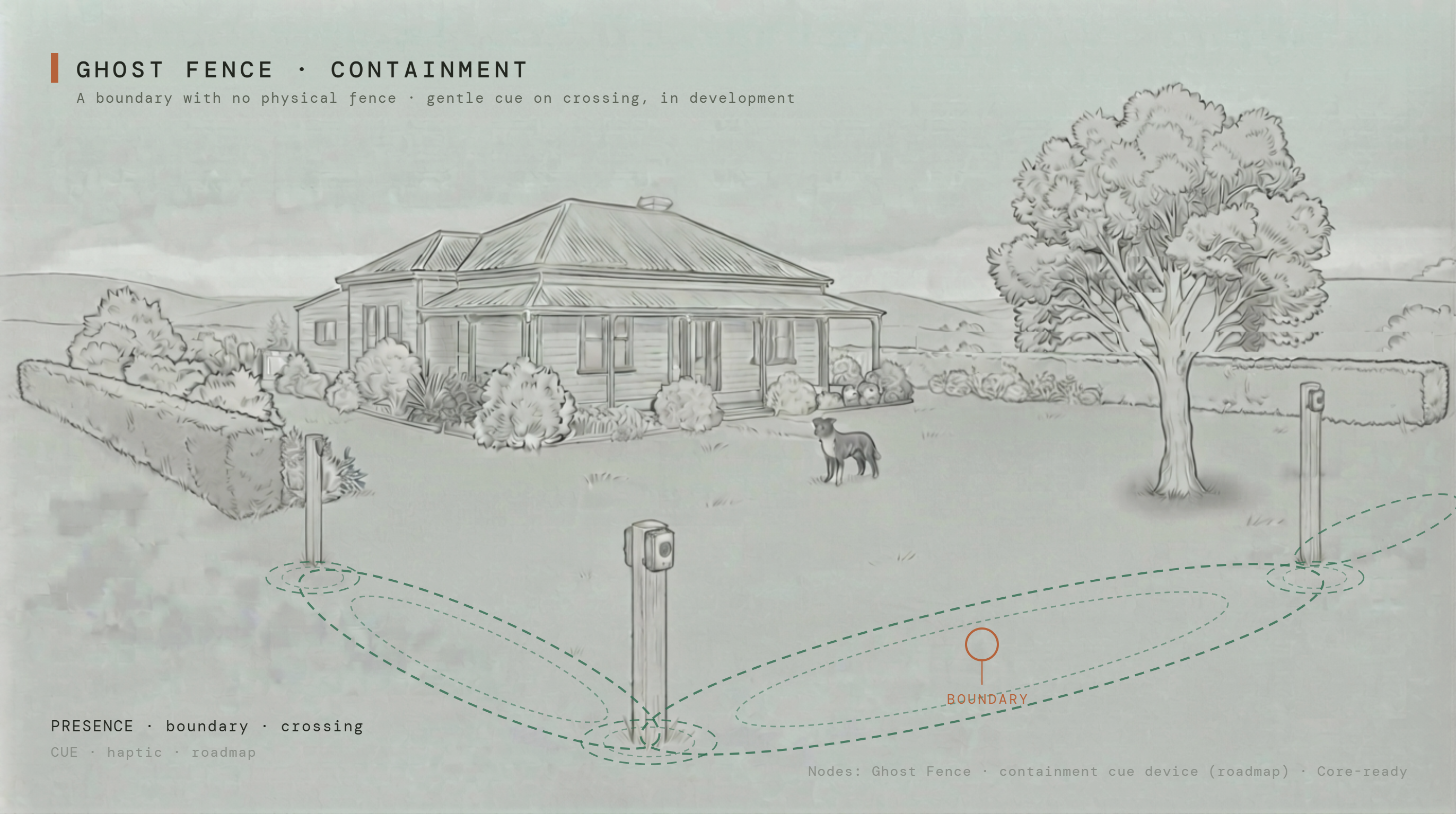 Ghost Fence B pet containment proof frame (schematic illustration)